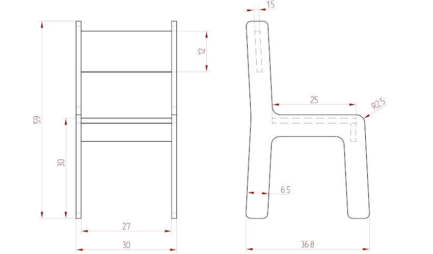 Rysunek techniczny drewnianego krzesełka dla dzieci